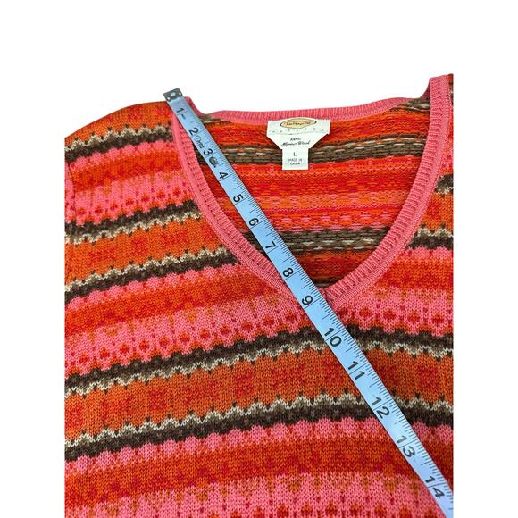 Talbots Petites Sweater Orange Pink Merino Wool‎ Knit V-Neck Nordic Large - Picture 10 of 12